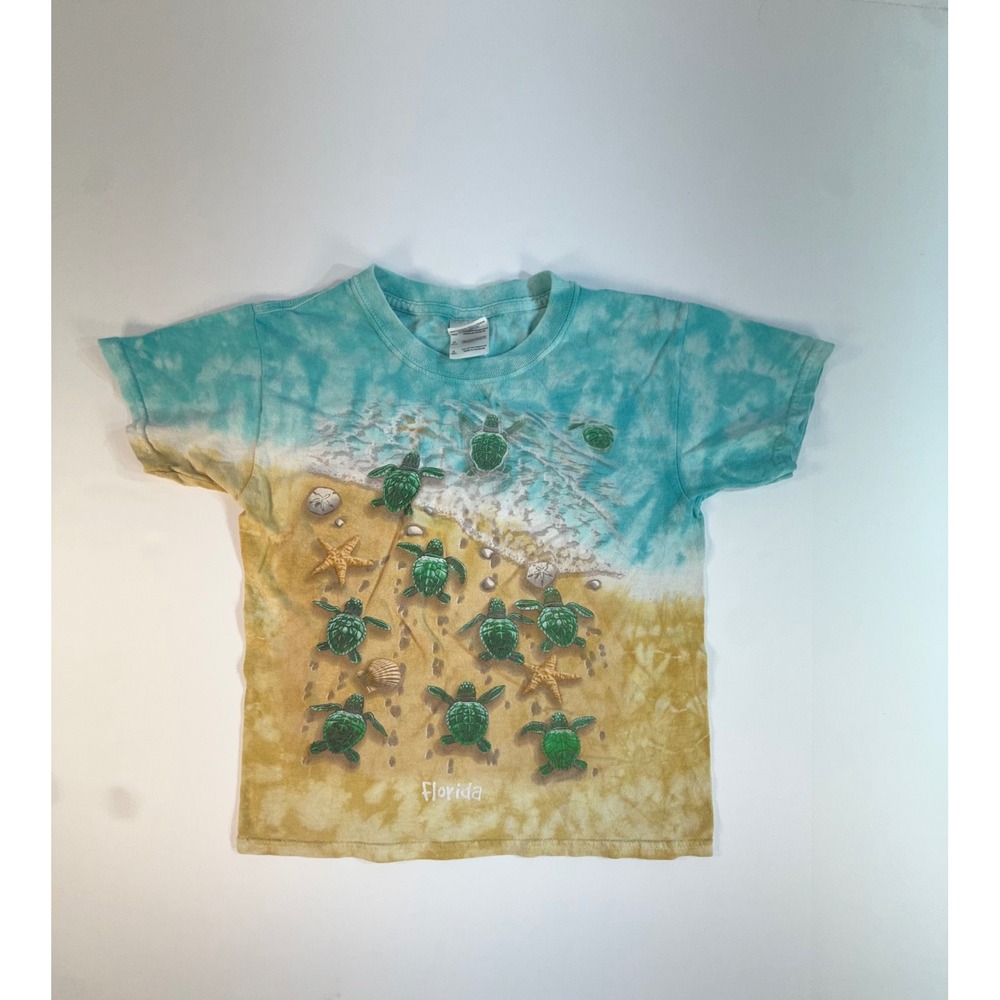 Gildan Florida Sea Turtle Beach Tie Dye T-Shirt Youth Small Blue Tan Souvenir